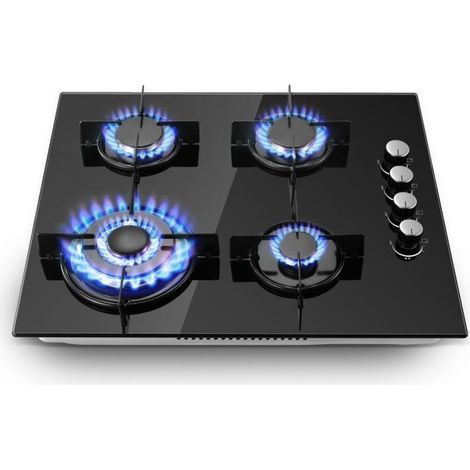 Plaque de cuisson gaz 4 feux – Puissance 8,0 kW – Verre trempé noir – Sécurité thermocouple – Installation encastrable (1/5)