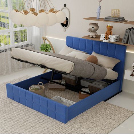 Lit rembourré 160/200 cm bleu en velours avec tête de lit capitonnée (1/5)
