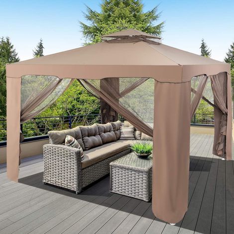Costway – Tonnelle de jardin 3x3m avec double toit et moustiquaires zippées – Protection anti-UV – Structure métal renforcée – Brun (1/5)