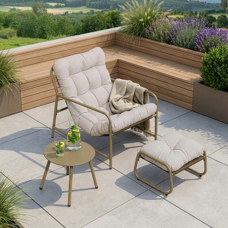 [En.Casa] – Salon de jardin 3 pièces – Fauteuil lounge avec accoudoirs – Repose-pieds avec coussin – Table résistante aux intempéries – Pour balcon et terrasse (1/5)