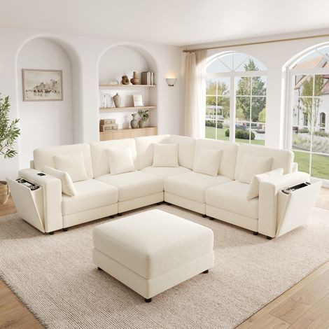 Seyakany Canapé d'angle a U/L 6 places avec ports USB et Type-C,canapé modulaire avec porte-gobelets et rangement,canapés convertible,chenille,Beige (1/5)