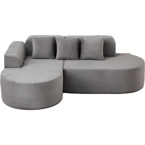 Canapé d’angle gris en velours côtelé, 4 places avec méridienne courbe, dossier à coussins, 220 x 155 x 70 cm (1/5)