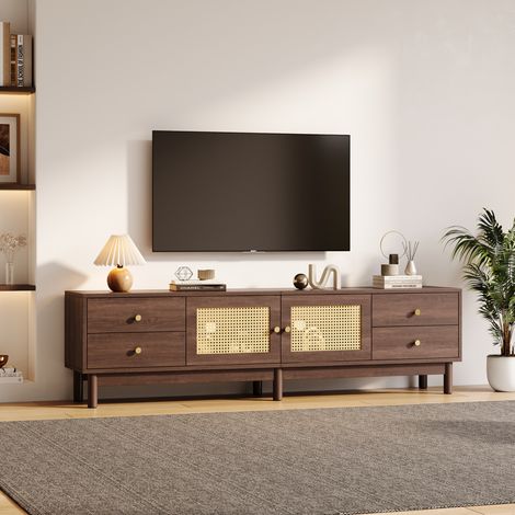 Mueble para TV de tablero de partículas marrón 180x35x44 cm con 4 cajones, 2 puertas de ratán y gestión de cables (1/5)