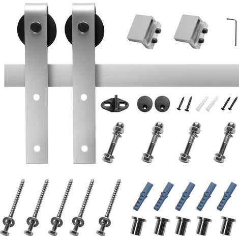 Mophorn Schiebetürsystem 1,5 m Laufschiene, Belastbarkeit 150 kg, geeignet für Türen mit max. 762 mm Breite & 34,92-44,45 mm Stärke, einzelne Tür für Scheunentore, Schiene & J-förmige Rollen, Silber