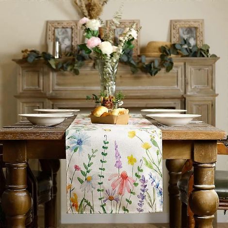 Chemin de table printanier 33 x 229 cm, aquarelle de fleurs sauvages, style champêtre, cuisine de vacances (1/4)