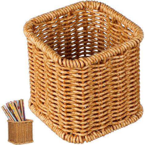 Portalápices de mimbre, organizador de escritorio, portalápices decorativo de ratán para artículos de papelería, almacenamiento de mesa para el hogar, la oficina y el tocador, 3,94 pulgadas. (1/5)