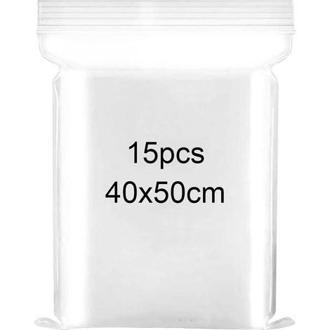 Pack of 15 Large Transparent Cellophane Bags with Zip Closure Plastic Bags for Clothes, T-Shirts, Trousers, Storage, 40 x 50 cm (1/5)