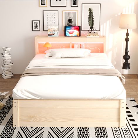 Multifunktionsbett 90 x 200 cm mit Stauraum, LED und integrierter Steckdose, Naturholz (1/5)