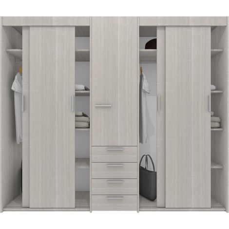 Armadio scorrevole L.225 cm con cassettiera centrale integrata - Rovere rock