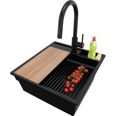 PRIMAGRAN Evier Cuisine en Granit 48x53cm, Lavabo 1 bac + Kit de Vidage + Accessoire, Évier à Encastrer au meuble 50cm - Oslo Pocket, Tout Noir (1/5)