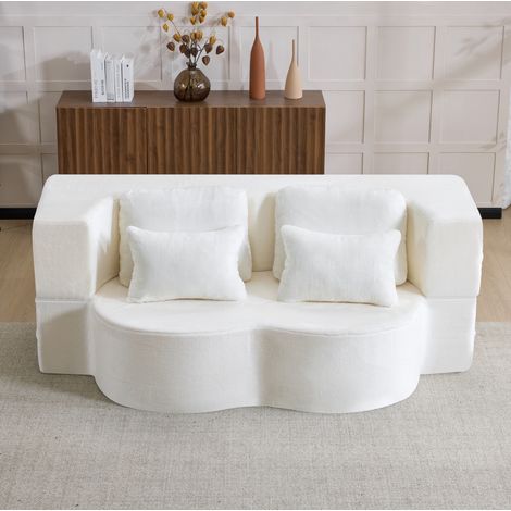 Canapé convertible 2 places en tissu peluche blanc, mousse haute densité et ressorts, pliable et modulaire (1/5)