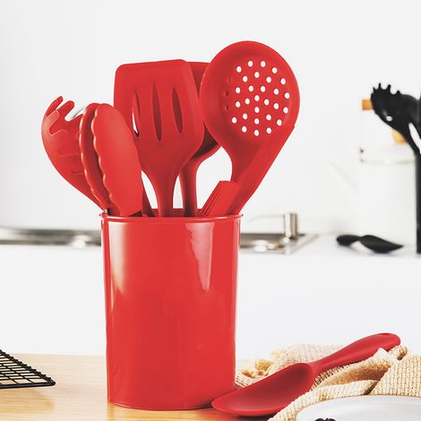 Ensemble de 9 ustensiles de cuisine antiadhésifs rouges : spatule, pelle et pelle à cuisine.