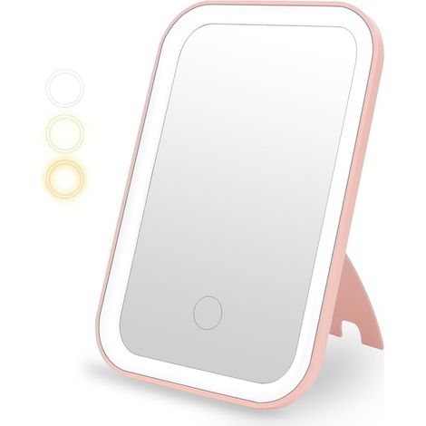 Miroir LED de maquillage portable – Rechargeable avec 3 modes d’éclairage – Rose (1/5)