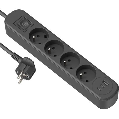 Bloc Multiprise Prima 4 Prises 16A + 3 USB (1 USB A + 2 USB C PD20W) avec Interrupteur, Câble 1.5M, Noir (1/5)