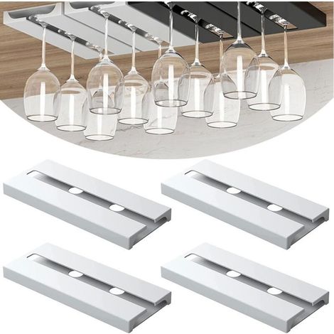 4 Pièces Porte Verre à Vin Suspendu, Support de Verre à Vin Sous Armoire Sans Perçage Porte-Verres à Pied Suspendu Auto-adhésif Accroche-verres Pour étagère Pour Bar Cuisine Restaurant (Blanc) (1/5)