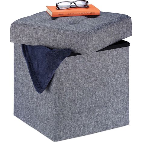 Relaxdays pouf contenitore pieghevole, imbottito trapuntato in tessuto, cubico, 41 x 38 x 38 cm, grigio (1/5)