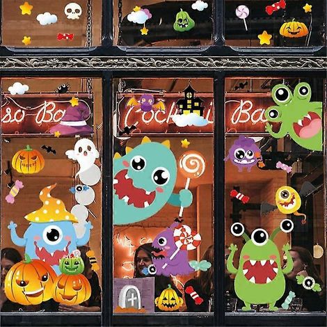 Autocollants pour fenêtres d'Halloween, décorations adhésives pour fenêtres d'Halloween, autocollants citrouille sorcière pour enfants, décorations d'Halloween statiques double face (1/5)