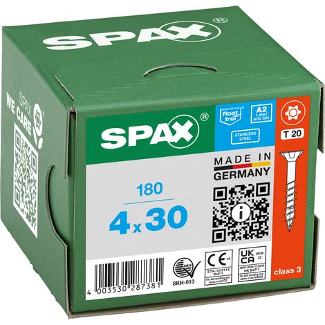 SPAX Vis en acier inoxydable, 4 x 30 mm, 180 pièces, Filetage partiel, Tête fraisée, T-STAR plus T20, 4CUT, Acier inoxydable A2 - 8000000287381