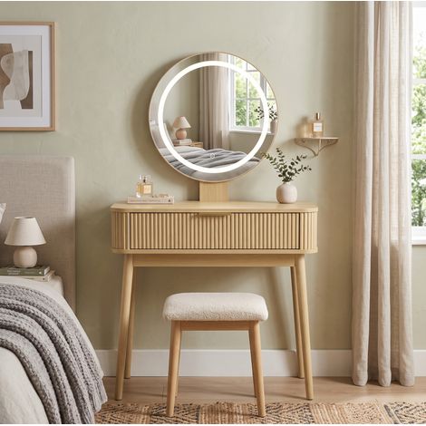 Coiffeuse avec Miroir Rond et Éclairage LED à 3 Modes, Tiroirs de Rangement, pour Chambre, Chêne, 80×40×133 cm (1/5)