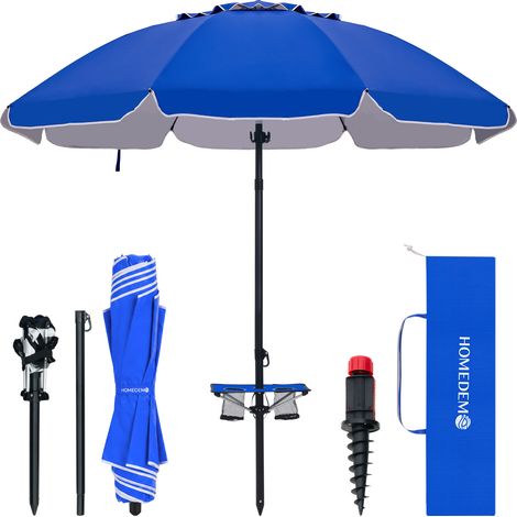 HOMEDEMO Parasol de Jardin Exterieur Inclinable, Parasol de Plage avec Table Pliante & Pieds de Parasol à hélice à Visser & Housse de Protection, UV50+, pour Terrasse, Plage, 217cm, Bleu