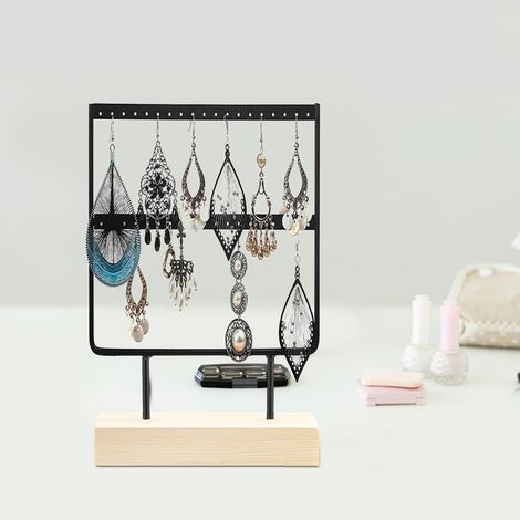 Présentoir à bijoux élégant en métal noir à 24 trous pour boucles d'oreilles et colliers, idéal pour la maison. (1/5)