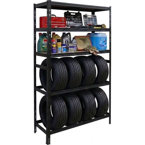 Relaxdays scaffale per 8 pneumatici, HxLxP 210 x 110 x 40 cm, 750 kg, acciaio, sistema a incastro, nero