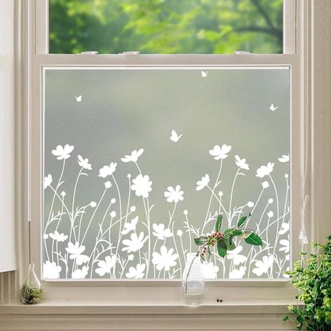 Sichtschutzfolie mit Blumenmuster in Reinweiß, dekorative Milchglas-Fensterfolie (1/5)