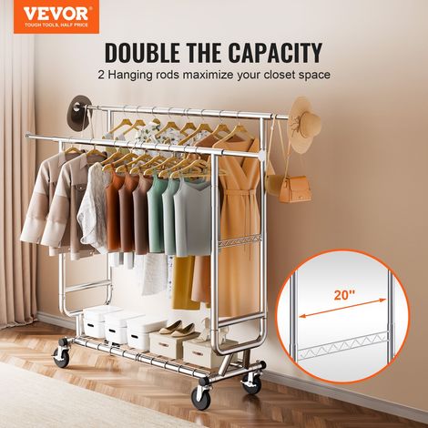 Portant à Vêtements Mobile Porte-Manteau avec Roulettes 1 Étagère 2 Tringles Extensible 128-191 cm Hauteur 144-187 cm Penderie à Vêtements en Acier Charge 272 kg pour Rangement Chambre à Coucher (1/5)