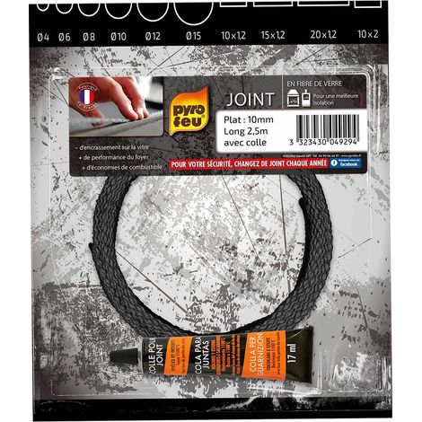 Joint plat pour poêle et insert 2,5m – Dimensions 10 x 1,2mm – Résistance jusqu'à 500°C – Étanchéité optimale pour inserts