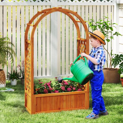 Bac de Jardin Surélevé avec Treillis Toit Enveloppé Doublure Drainage Jardinière en Bois pour Plantes Grimpantes Fleurs Herbes Légumes (1/3)