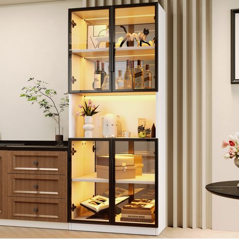 Vitrina de 2 piezas 140x30x170 cm de MDF blanco, vidrio ESG gris con LED – MEUBLIV (1/5)