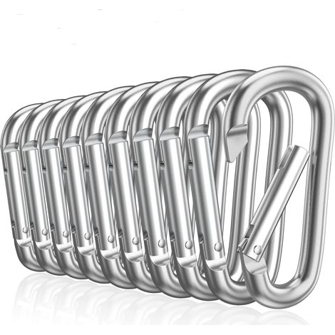 A set of 10 7.6cm D-shaped aluminum keychains, suitable for key rings, silver.