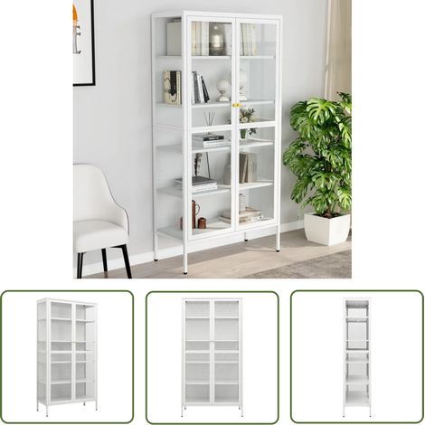 The Living Store Vitrine Weiß 90x40x180 cm Stahl und Gehärtetes Glas - Schrank - Vitrine - Regal - Stauraum - Wohnzimmermöbel (1/5)