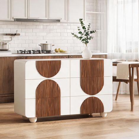 Commode blanche 6 tiroirs en bois avec liserés chocolat 121 cm (1/5)