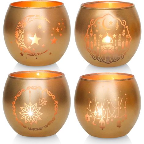 Bougeoirs dorés du Ramadan – Photophore en verre – centre de table pour l'Aïd Mubarak – Cadeaux islamiques pour décoration d'intérieur et salle de prière – Mosquée, lune et étoile (1/5)