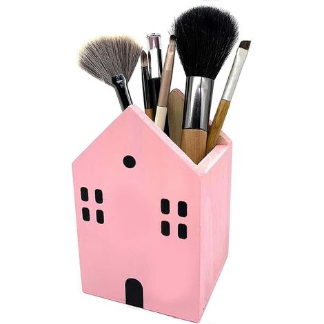 Pot à crayons en bois, pot à crayons en forme de maison, organiseur de bureau, porte-pinceaux de maquillage, pot à crayons, rangement de bureau, organiseur de matériel d'art (1/4)