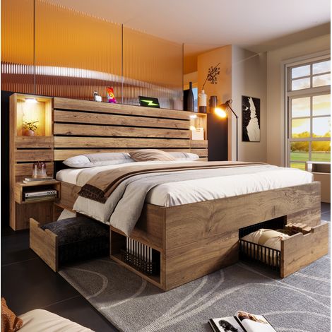 Lit double 180x200 cm effet chêne avec LED, USB Type-C, tables de chevet suspendues et rangements