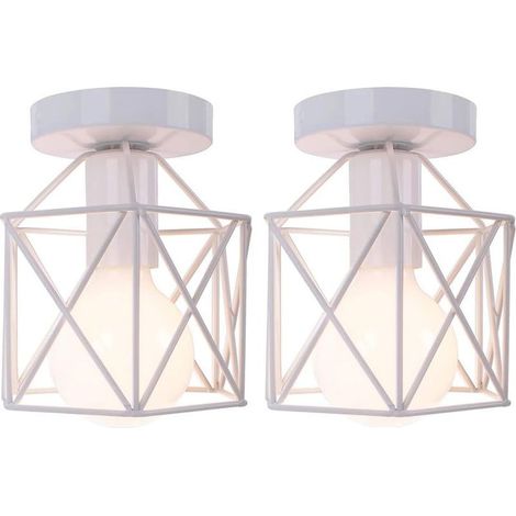 Retro Plafonnier Industrielle en Métal Carré Fer, Suspension Cage Cube Luminaire E27 pour Salon Chambre Café Bar Restaurent Entrée Couloir (Lot de 2 Blanc) (1/5)