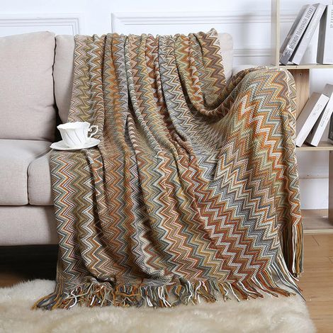 Couverture douce et moelleuse, style bohème, à franges, tricotée, couvre-lit, jeté de canapé, couverture rayée douce, idéale pour canapé, lit, bureau, voyage, salon, chambre, kaki (1/5)