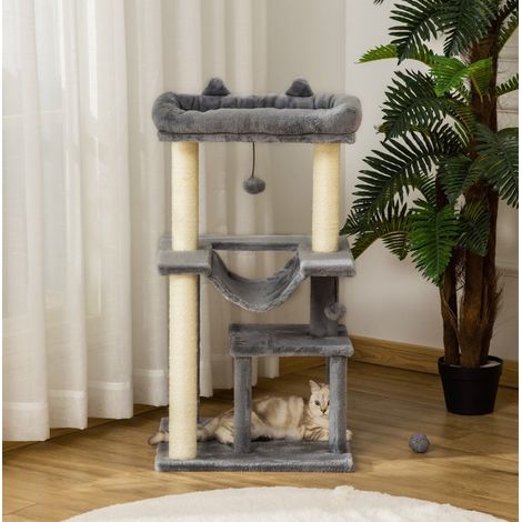 Arbre à chat 90 cm en panneaux de bois gris, avec hamac et griffoirs pour chat FloraGrace (1/5)