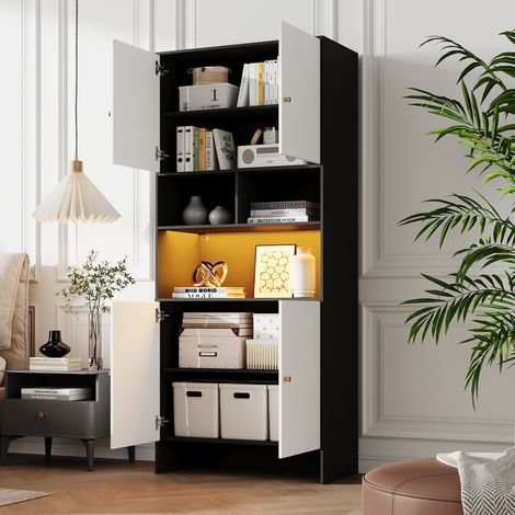 Armario/aparador multiusos con 4 puertas y 3 compartimentos abiertos. Bicolor en blanco y negro, fabricado en madera. Ideal para salón, dormitorio y cocina. Dimensiones: 80 x 40 x 185 cm.