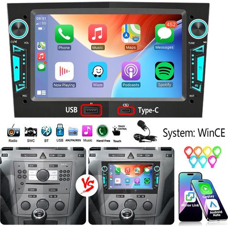 Autoradio 2 DIN Android Auto CarPlay pour Opel Astra H, Corsa C/D, Zafira B avec RDS, FM et commandes au volant (SWC) - MIC (1/5)