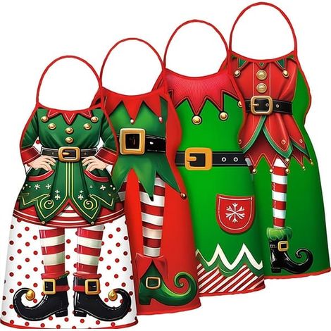Lot de 4 tabliers de Noël, 52 x 72 cm, motif Père Noël déguisé en lutin, convenant aux cuisiniers et cuisinières. Tablier lutin 20,5 x 28,35 cm (1/5)