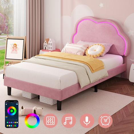 3ft Single Upholstered Bed with LED Adjustable Cute Cloud Headboard, Soft Velvet Bed Frame with Solid Wood Slat, No Box Spring Needed, Easy Assembly, Pink (No Mattress)