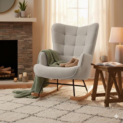 Sillón mecedora - Escandinavo - Respaldo acolchado cuadrado - Mecedora relajante - 68 x 75 x 92 cm - Terciopelo Teddy gris claro