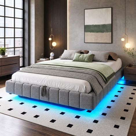 Letto matrimoniale 160x200 cm in lino grigio con contenitore, senza materasso - FLORAGRACE (1/5)