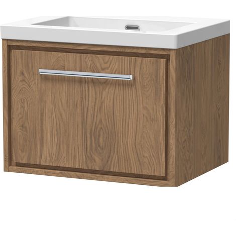 Longnor 1 Drawer Wall Hung Vanity Unit with 1 Tap Hole Modern Fireclay Basin, Antique Oak, 600mm (1/4)