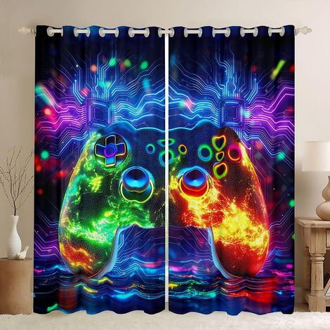 Rideau Occultant 140x260 cm Joueur Moderne 3D Rideau Manette de Jeu Rideaux Voilage Jeu Néon Géométrique Voilage Fenetre Consoles de Jeux Vidéo pour Chambre SalonDécor Chambre - 140L X 260H cm (2 Pann (1/5)