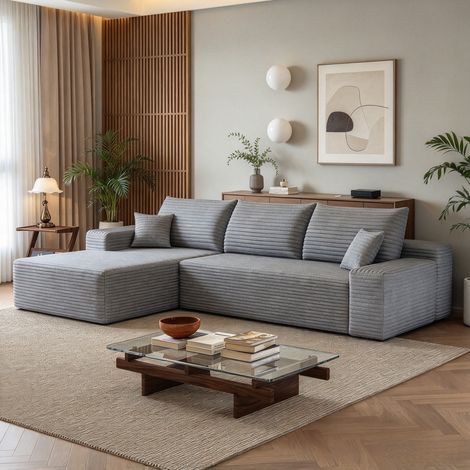 Canapé d'angle compressé 3 places velours côtelé Gris,Canapé modulaire,Assises profondes,Chaise longue droite,Sans assemblage,270x175x83cm,pour Salon, Chambre d’Amis (1/5)
