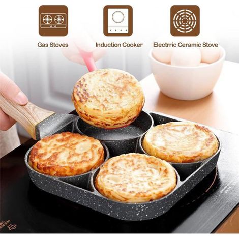Poêle à pancakes antiadhésive 4 trous, poêle à frire pour œufs, crêpes, steaks et petit-déjeuner, compatible cuisinière (1/5)